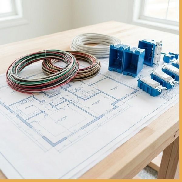A neat layout on a work surface showing an architectural floor plan overlaid with new coils of colored wire and modern plastic outlet boxes, representing comprehensive planning.