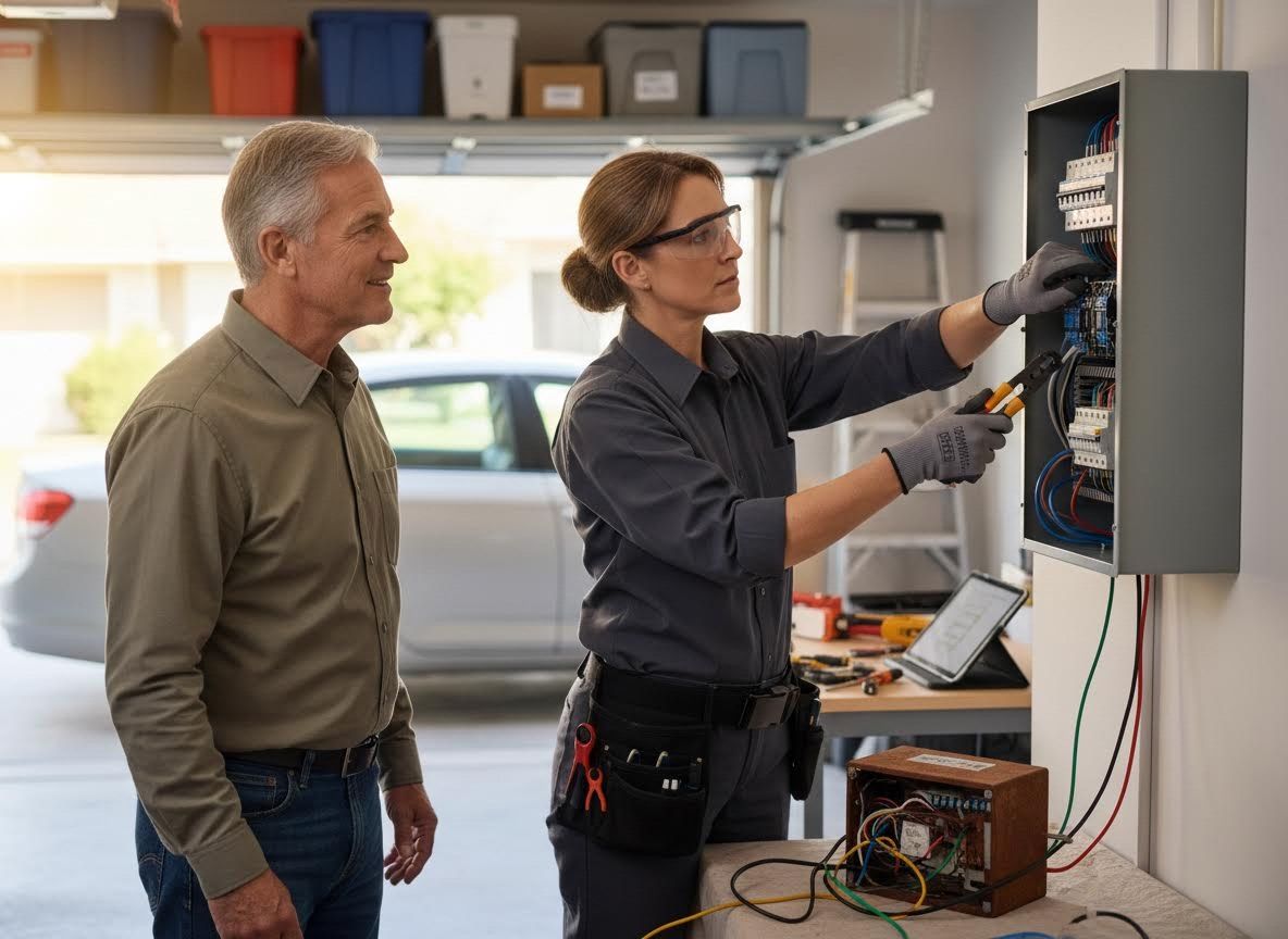 Female Electrician Working on Electrical Panel with Homeowner