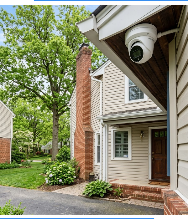 A camera mounted to a house's exterior.