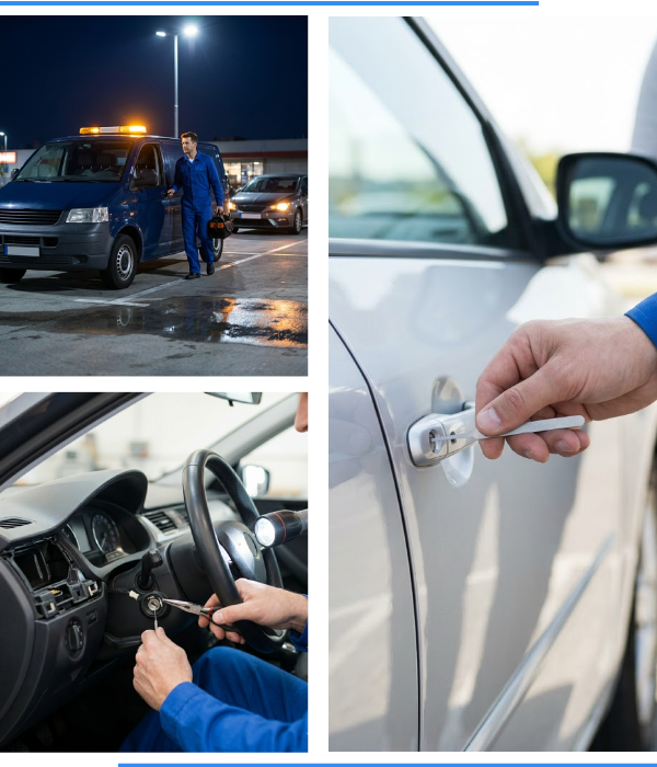 3 image collage. Top left: A locksmith walking back to his van in a parking lot. Bottom left: A locksmith working on the key ignition of a car. Right: A locksmith picking the lock of a white car.