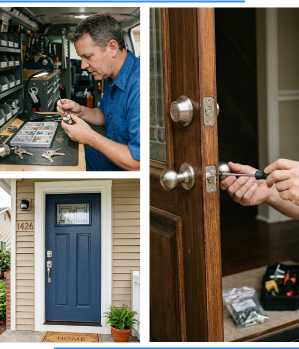3 image collage. Top left: A locksmith creating a new key inside his van. Bottom left: A home with a blue front door. Right: A locksmith installing a new doorknob on a front door