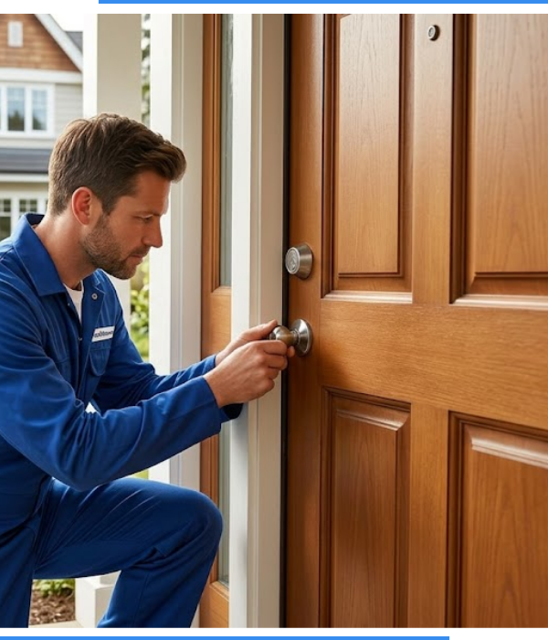 A locksmith in a blue jump suit working on a wooden front door of a residential home