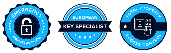 Three Trust Badges: Emergency Services Available, European Key Specialist, Total Property Access Control