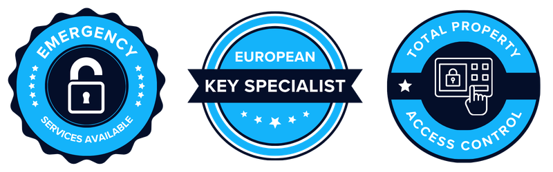Three Trust Badges: Emergency Services Available, European Key Specialist, Total Property Access Control