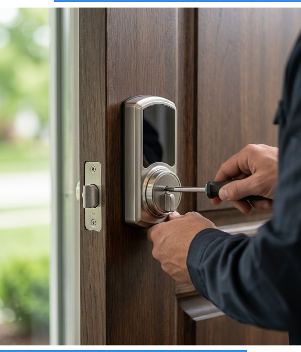 An electronic keypad deadbolt system is being installed on a front door
