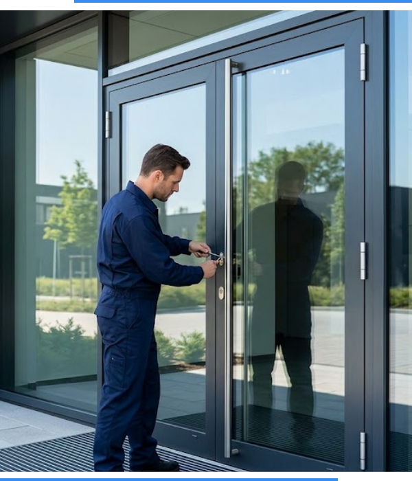A locksmith picking the locks of a commercial building