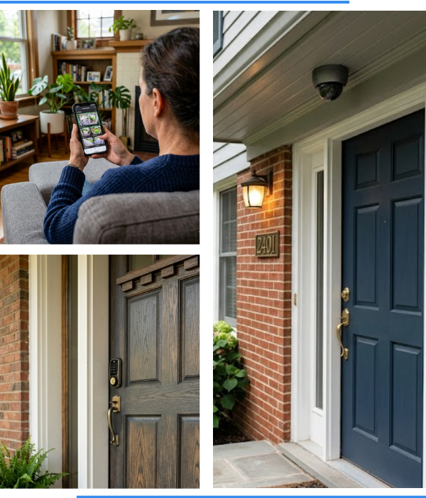 3 image collage. Top left: A woman looking at her home's security feed on her phone. Bottom right: A front door with a digital keypad. Right: A security camera mounted above a home's front door.