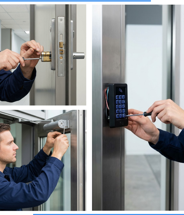 3 image collage. Top left: Locksmith picking a lock on a commercial office door. Bottom left: A locksmith installing a security bar on an office door. Right: A locksmith installing a keypad on an office door