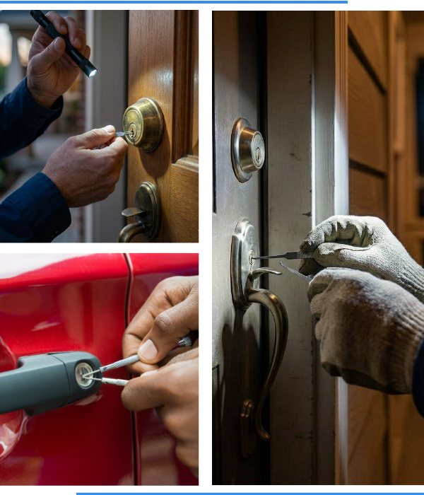 A collage of 3 images. Top left: Locksmith unlocking a deadbolt on a front door, and holding a thin flashlight. Bottom left: Locksmith using tools to pick the lock of a red car. On the right: A locksmith picking a lock on a front door at night