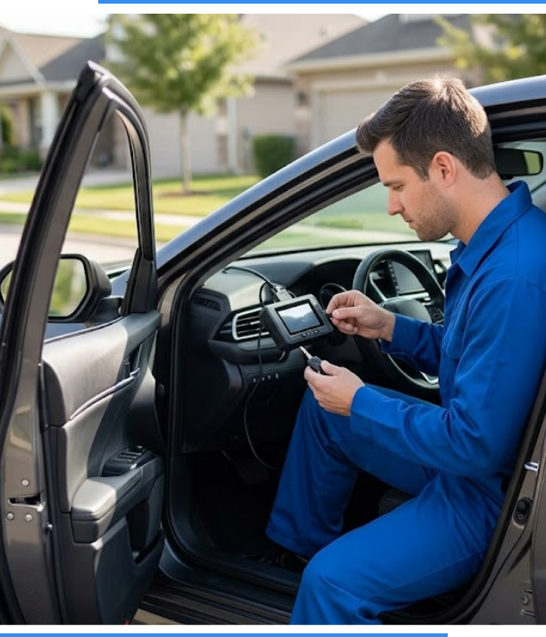 A locksmith sitting inside of a car and programing a key fob.