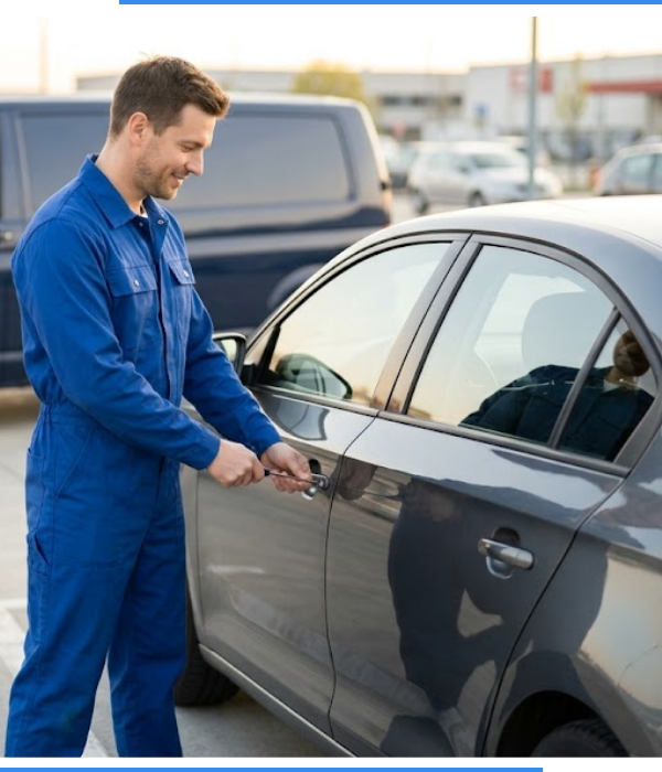 A locksmith picking the lock of a black car.