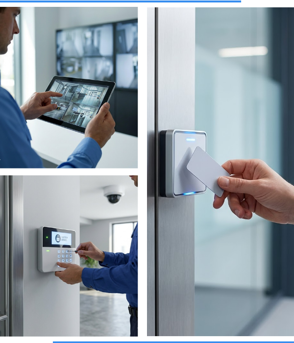 3 image collage: Top left: A security guard looking at a security camera feed on a tablet. Bottom left: A locksmith programming a digital security system in an office space. Right: A hand swiping a keycard in front of a digital lock in an office space.