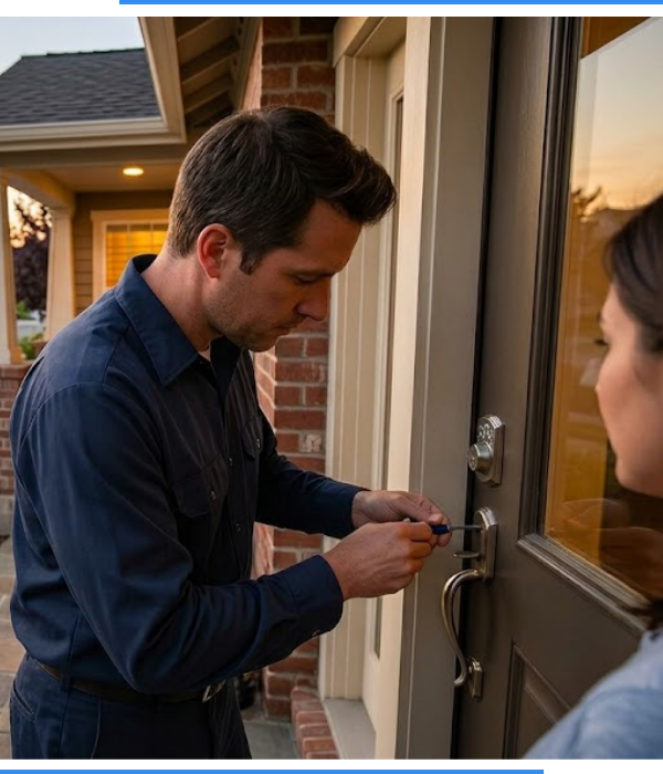 A locksmith unlocking a residential front door while the homeowner stands to the side