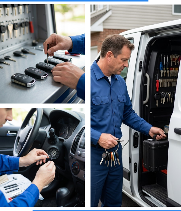 3 image collage. Top left: Locksmith programming car key fobs. Bottom left: A locksmith working on a car's key ignition. Right: A locksmith getting supplies out of his van.