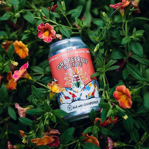 Grapefruit Blonde beer can laying in flowers and foliage