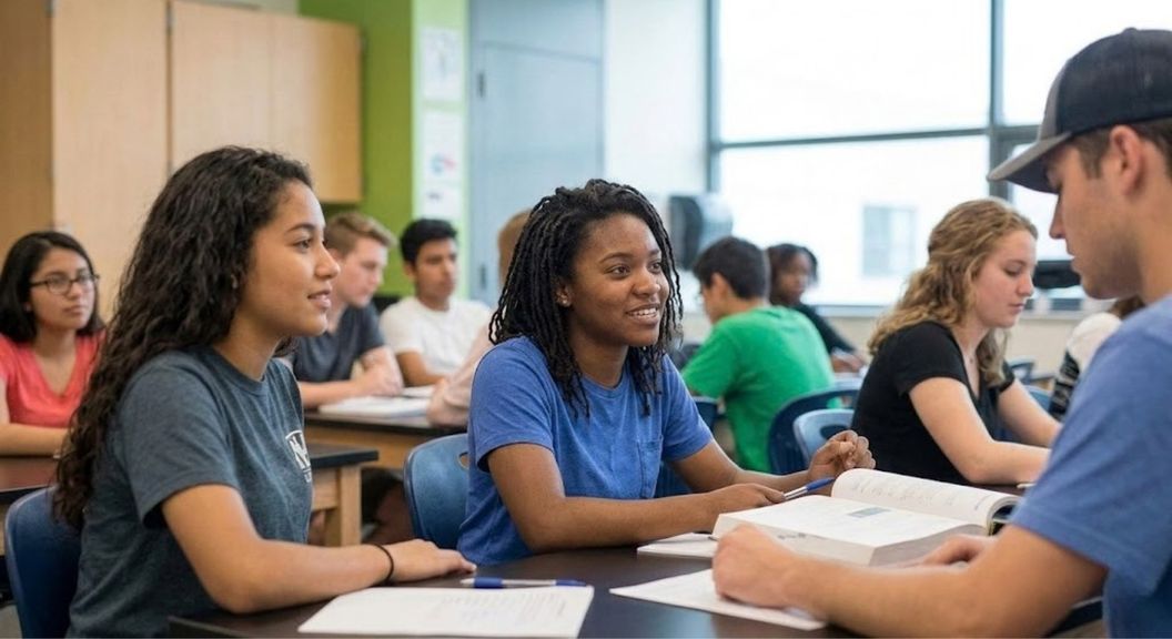 A diverse group of adult students attentively listening to a lecture in a professional classroom environment with bright natural lighting.