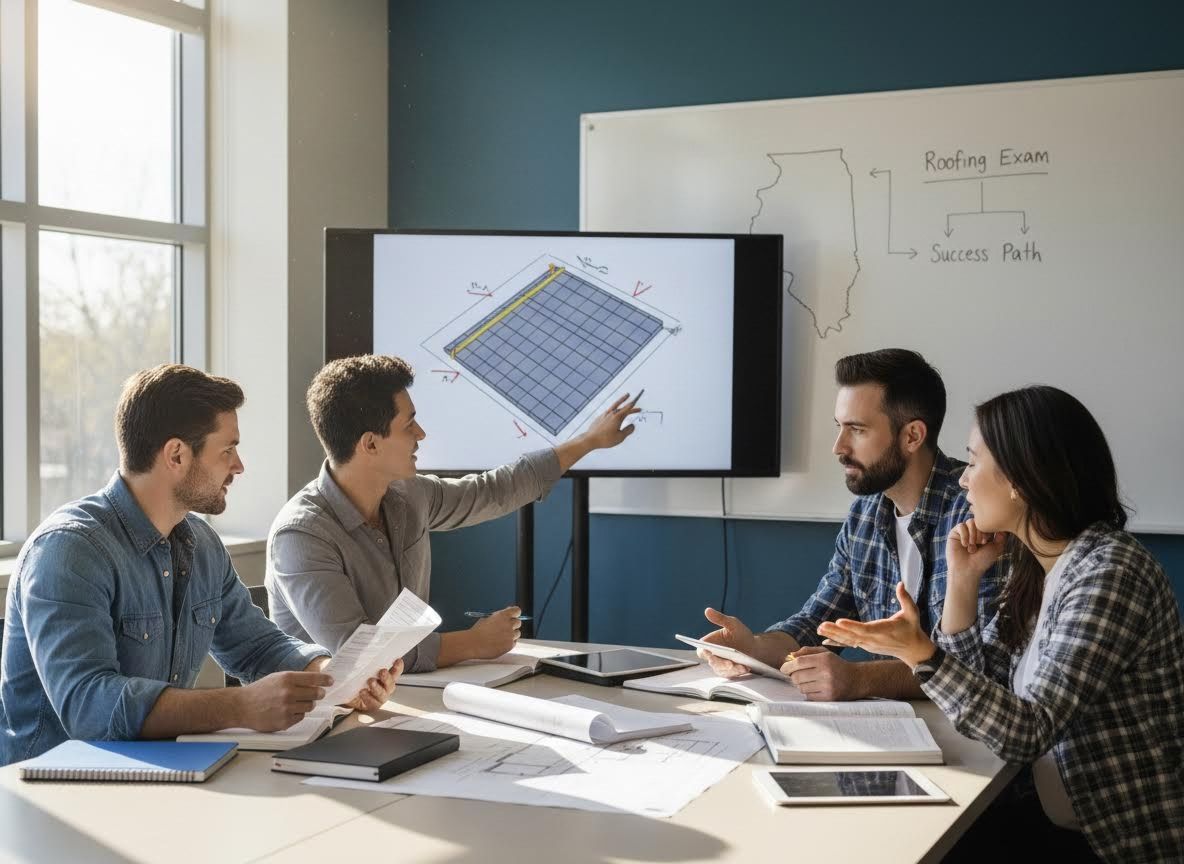Business professionals discussing roofing project