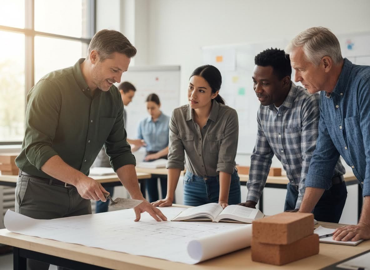 Diverse team of architects reviewing blueprints and construction plans