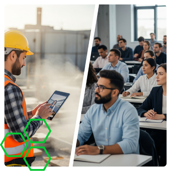 A split image showing a contractor learning online at a job site and professionals in a live classroom, representing flexible learning options. A split image showing a contractor learning online at a job site and professionals in a live classroom, representing flexible learning options.