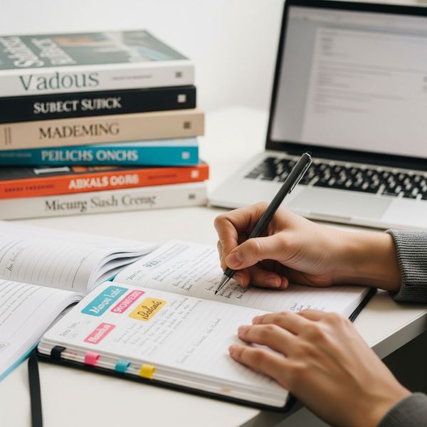 A student's hands creating a personalized study plan for their contractor license exam. A student's hands creating a personalized study plan for their contractor license exam.