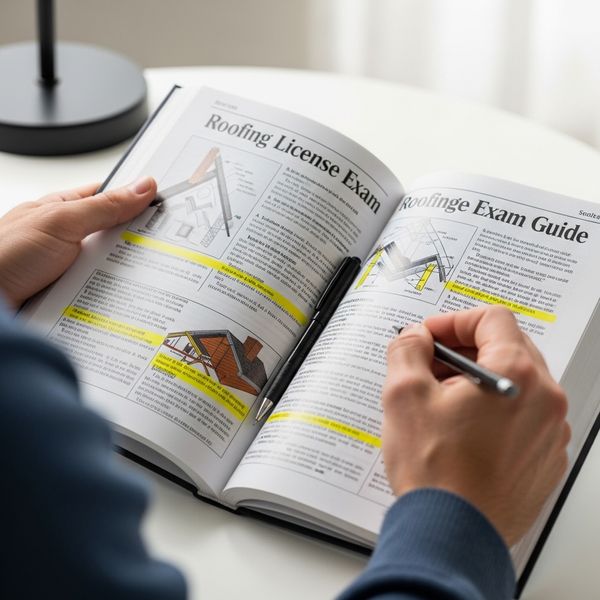 Detailed view of hands highlighting a roofing license exam guide