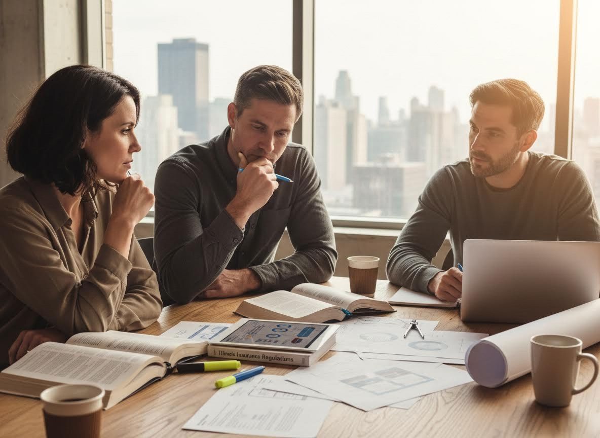 Three Professionals Collaborating in an Office