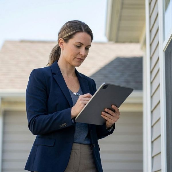 A professional woman adjuster in a blazer uses a digital tablet while inspecting the exterior of a residential building.
