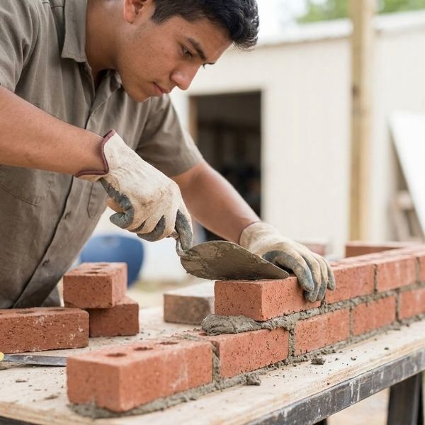 A construction student in work gloves carefully uses a trowel to apply mortar while setting red bricks into a level row.