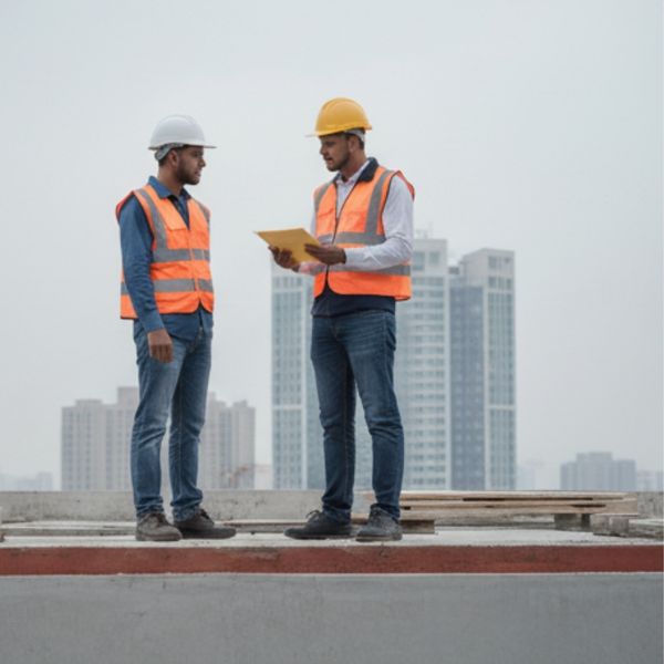 Two construction workers in safety vests and hard hats stand on a rooftop