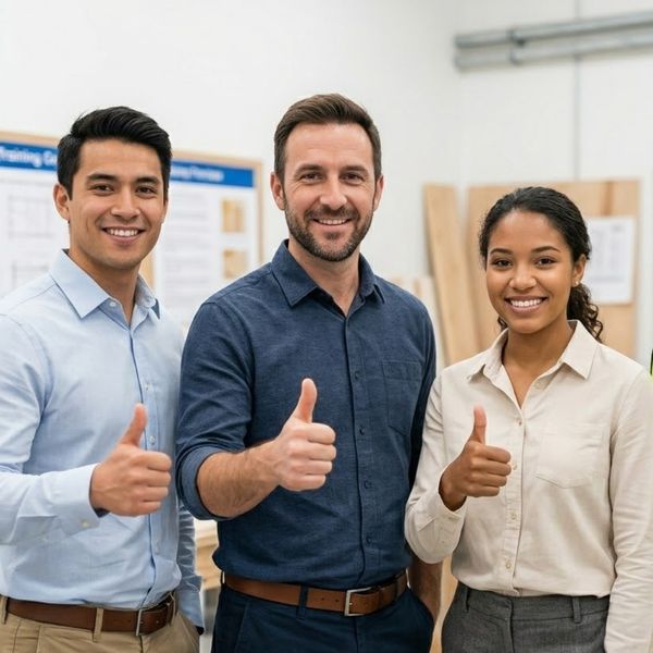 A diverse and smiling team of three business professionals confidently gives a thumbs-up gesture in a workshop setting.