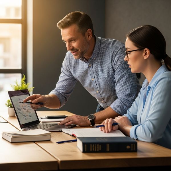 Instructor explaining public adjusting concepts to a focused adult student