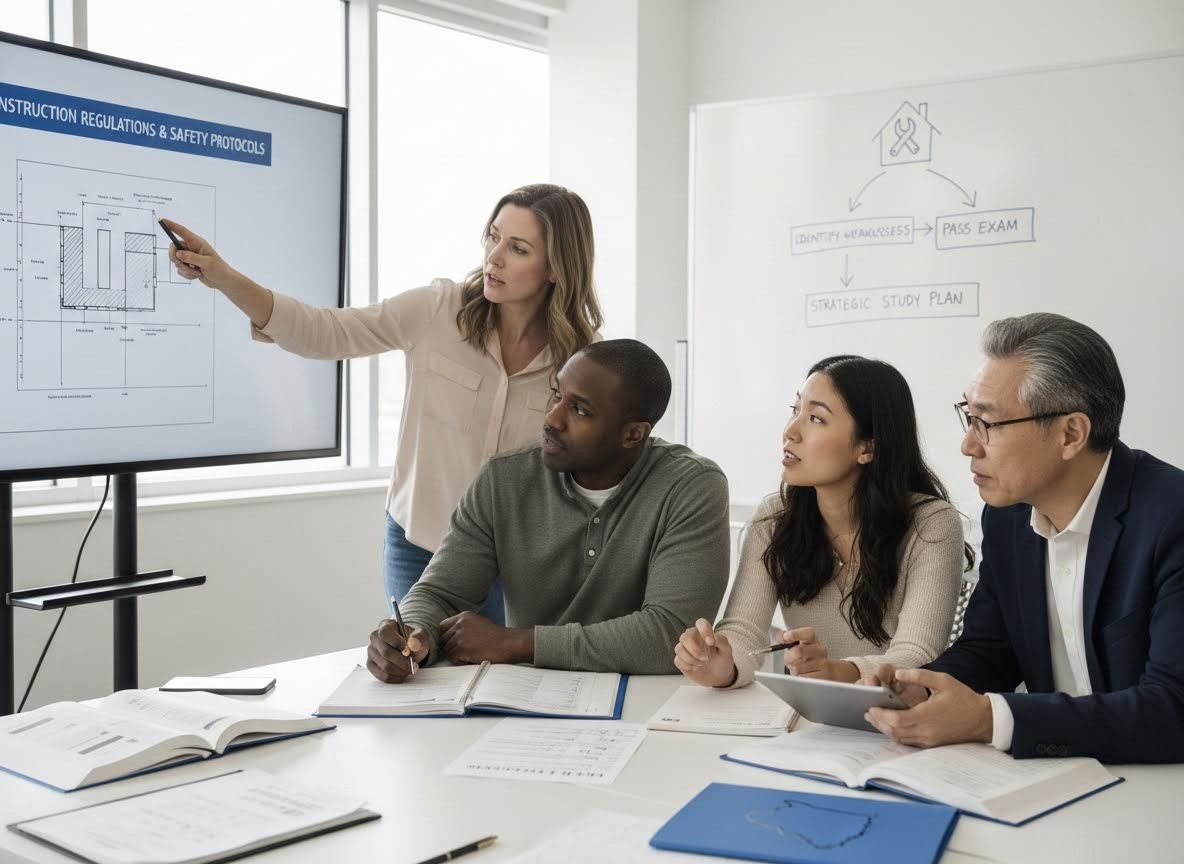 Woman presenting construction regulations and safety protocols to a diverse team