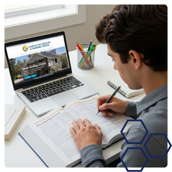 A contractor studying for the Illinois roofing license exam using resources from Contractors Network & Training Center. A contractor studying for the Illinois roofing license exam using resources from Contractors Network & Training Center.