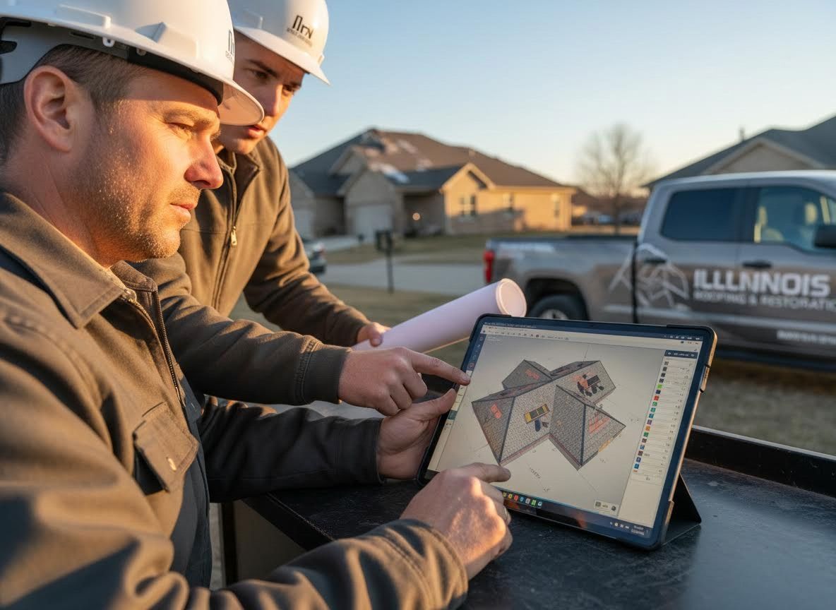 Roofing contractors review 3D design on a tablet