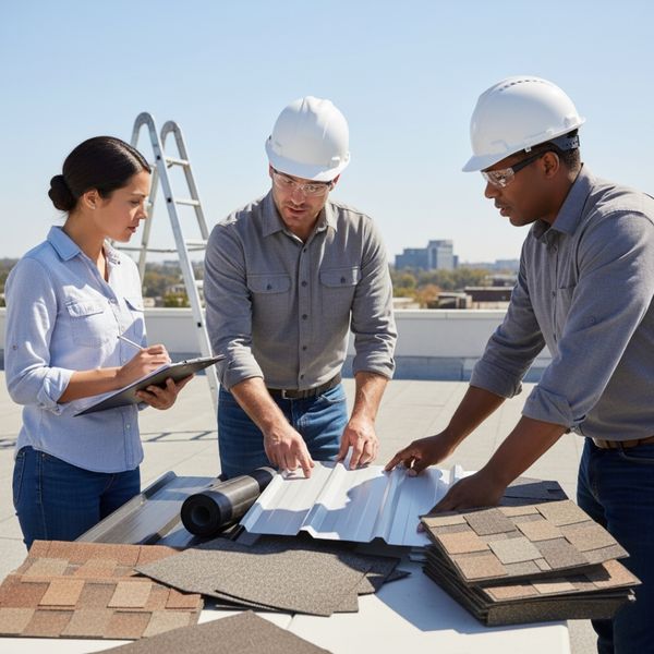 Construction workers discussing safety regulations on a rooftop