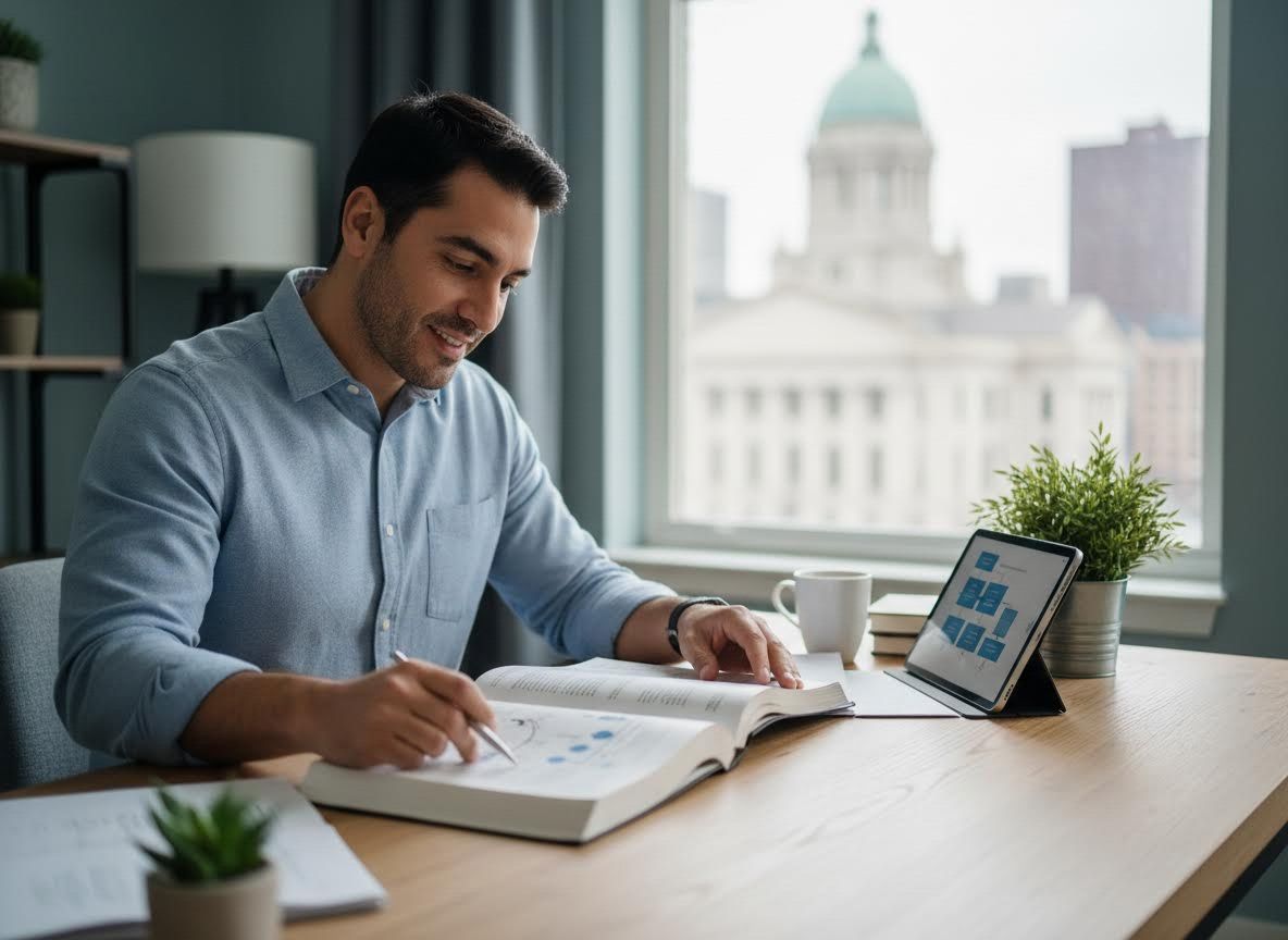 Man Studying at Desk with City View
