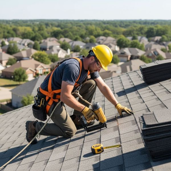 roofer nailing shingles on roof
