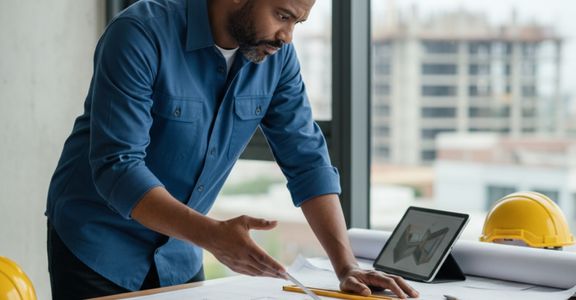 Contractor reviewing blueprints Contractor reviewing blueprints