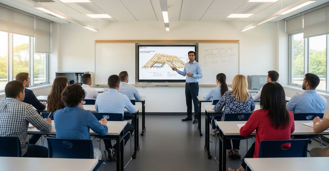 A diverse group of students learning about roofing in a modern classroom setting.