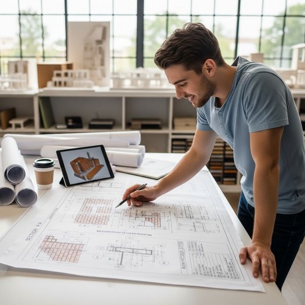 Student examining masonry technical drawings in a bright professional setting
