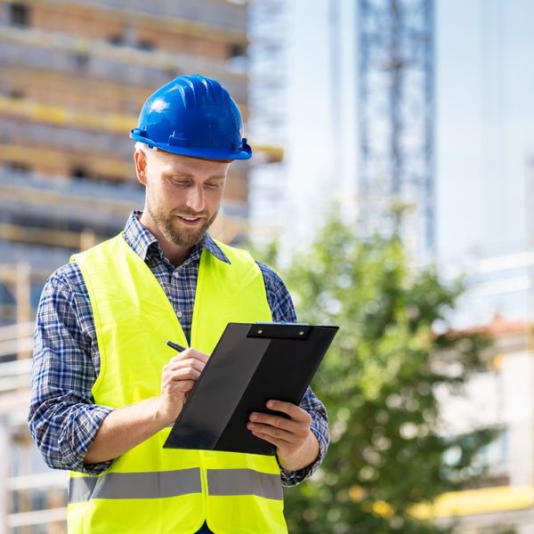 a professional in safety gear looking at a clipbboard