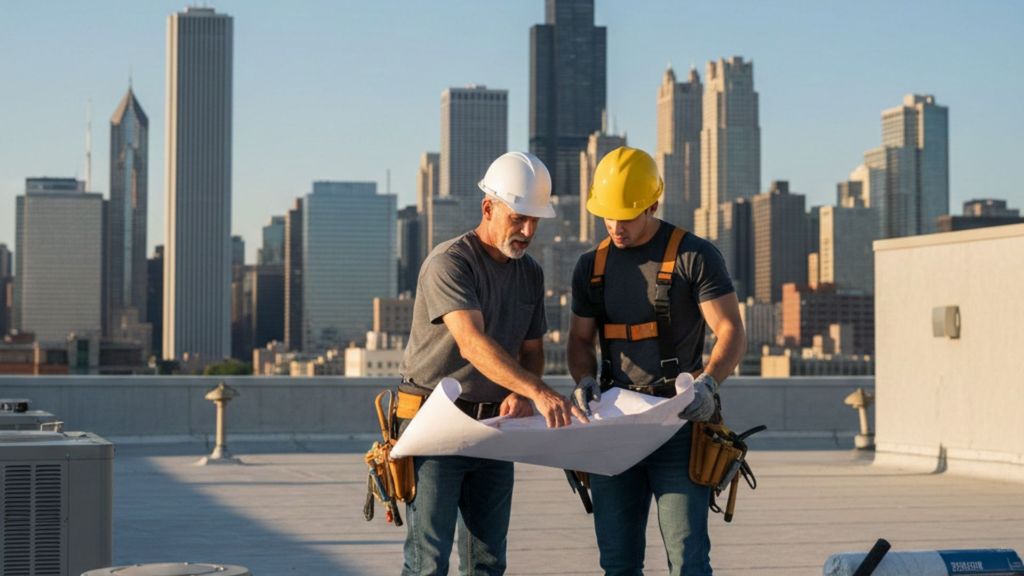 roofers on commercial building going over blueprints 