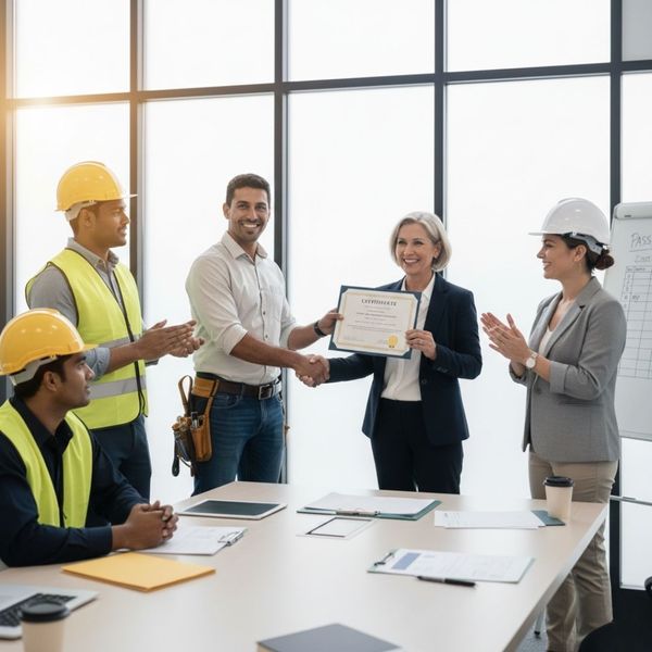 man shaking hands while receiving roofing exam certification 