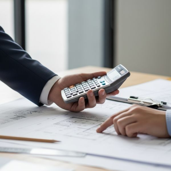 The hands of two individuals are visible on a desk with blueprints
