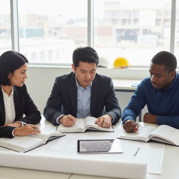 A diverse group of three professionals sit at a table