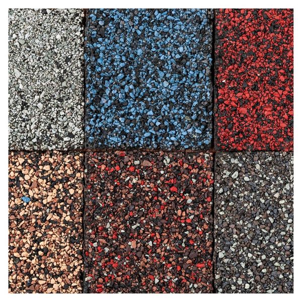 Samples of roofing shingles in various colors and textures