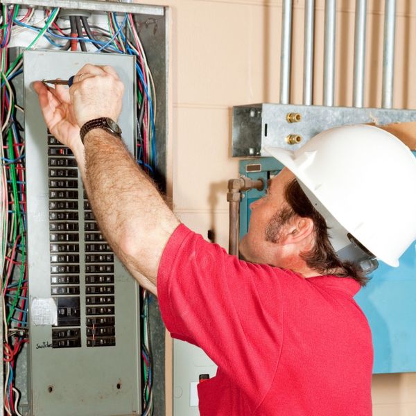 electrician working on an electrical panel electrician working on an electrical panel