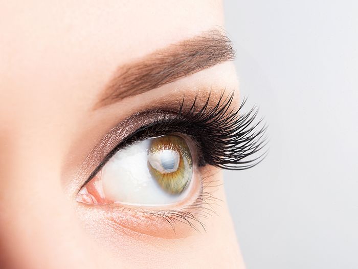 Close-up image of a woman’s eye, eyelashes, and eyebrow. 