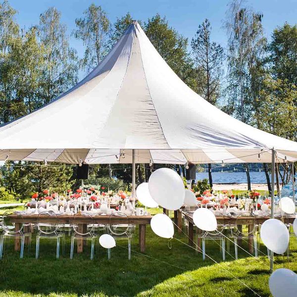 event tent with balloons in front