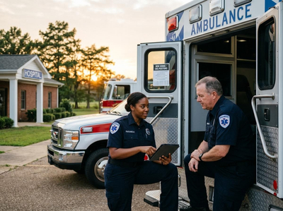 Two paramedics, a woman and a man, review information on a tablet by their ambulance outside a hospital at sunset. An EMS hiring sign is visible. Paramedics Discussing Hospital Procedures by Ambulance